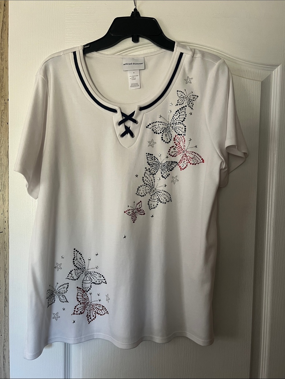 Alfred Dunner White Short Sleeve Tee with Rhinestone Butterfly Detail